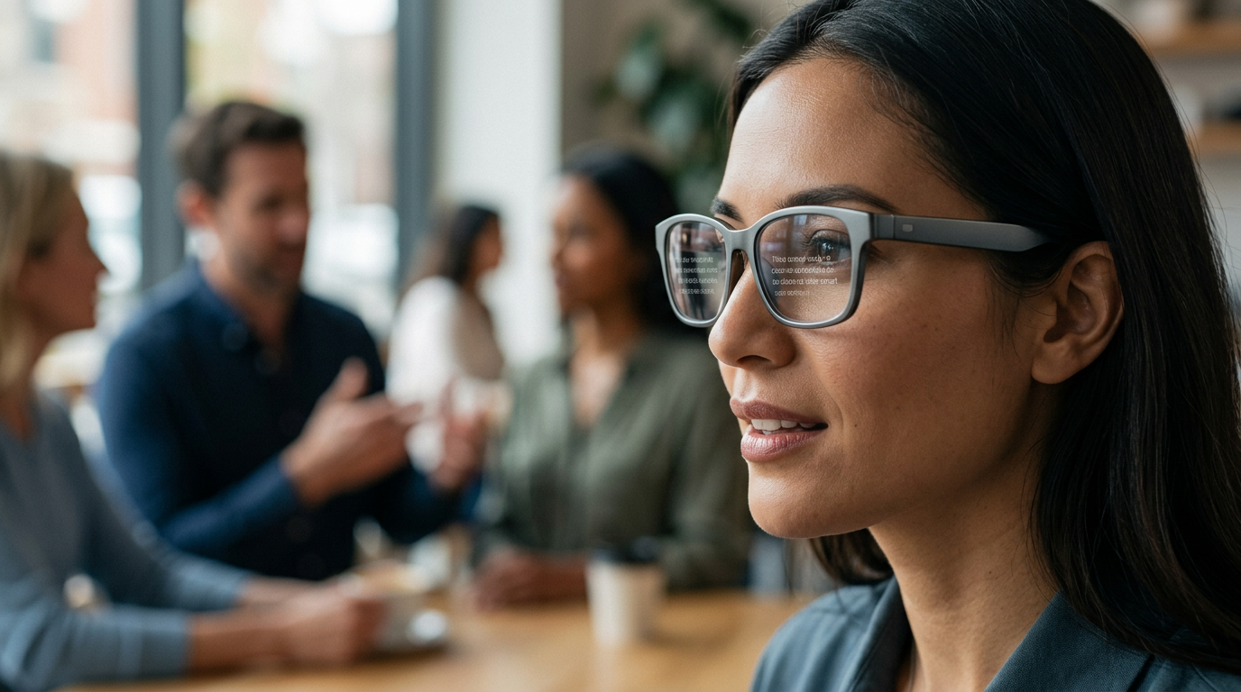 Multiple pairs of black smart glasses resting on a wooden surface