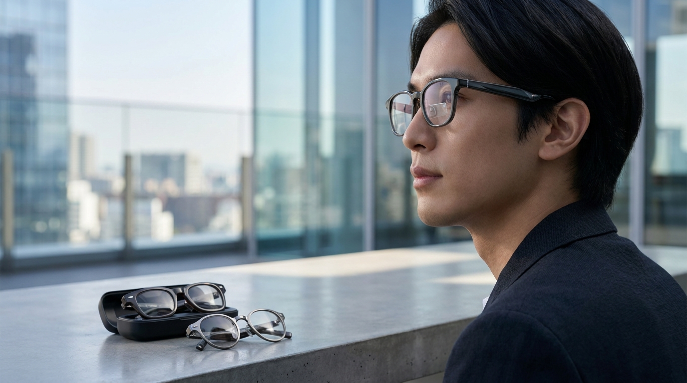 Two pairs of sleek smart glasses, one with clear lenses and one tinted, showcasing modern design.