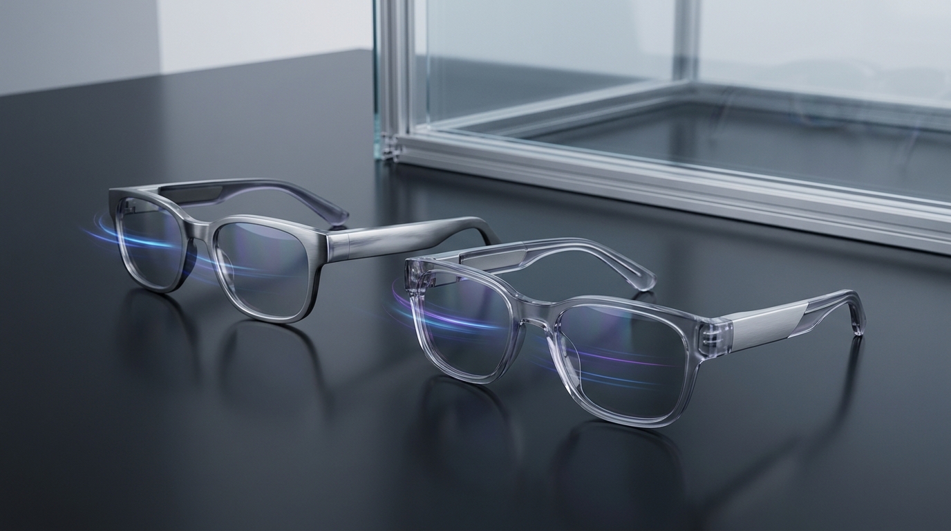 A pair of sleek, futuristic smart glasses with subtle AI indicators