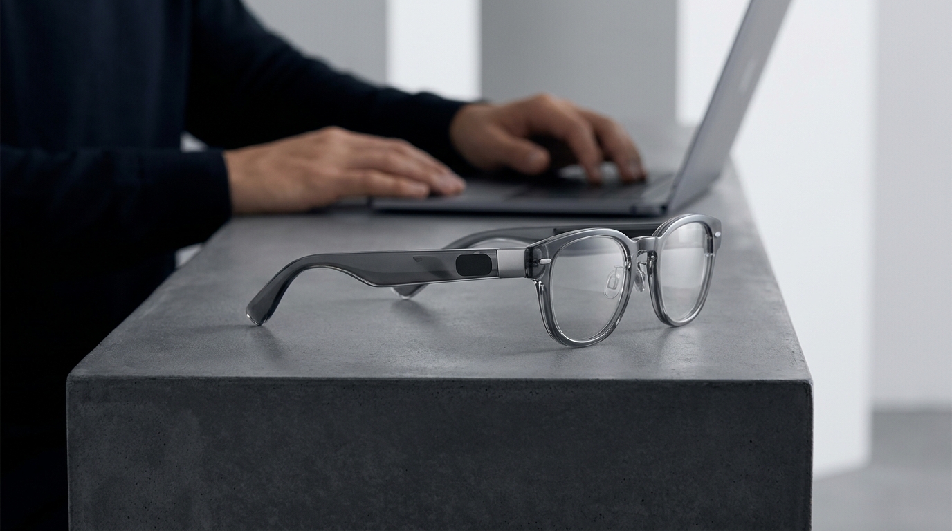 A person wearing Rokid AI glasses in a stylish setting, likely outdoors.