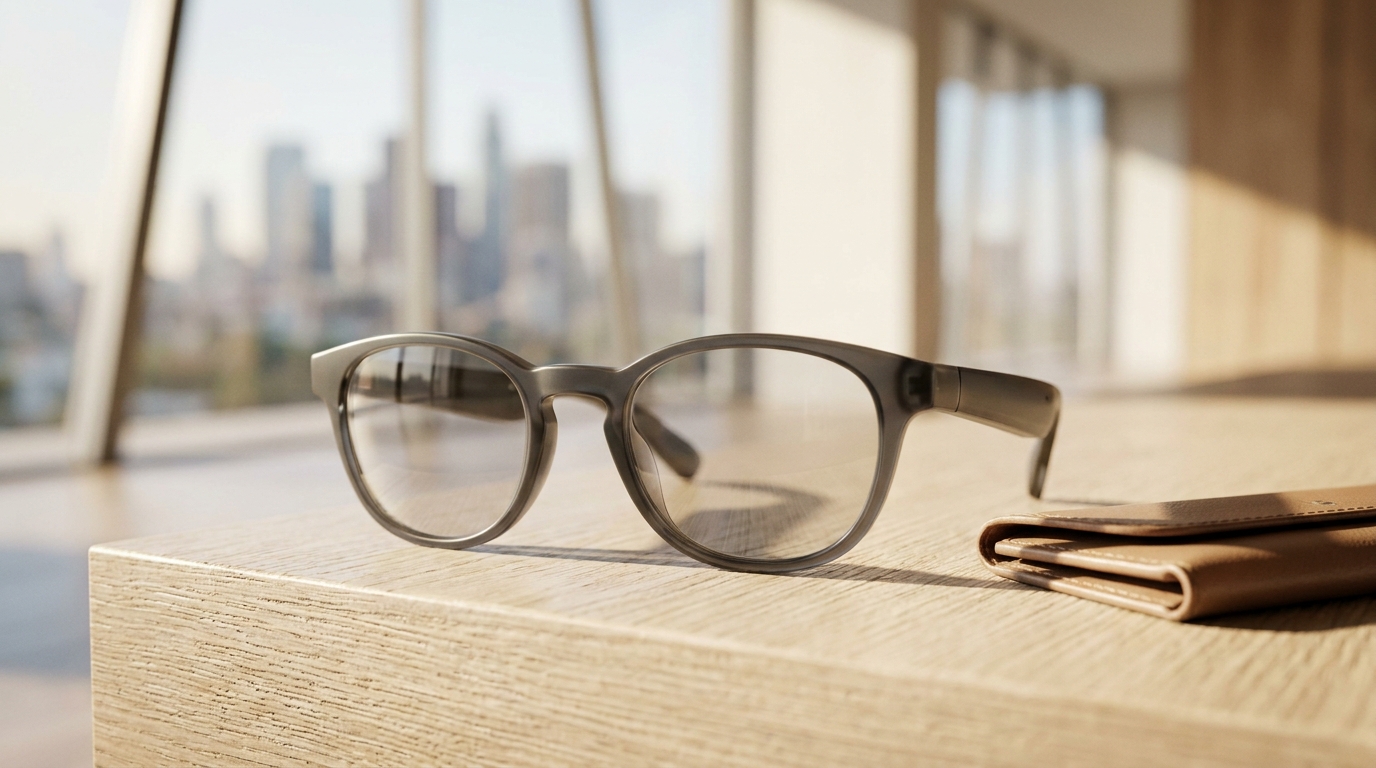 Une vue rapprochée de lunettes connectées Viture élégantes et modernes, mettant en évidence des éléments d'affichage projetés lumineux.
