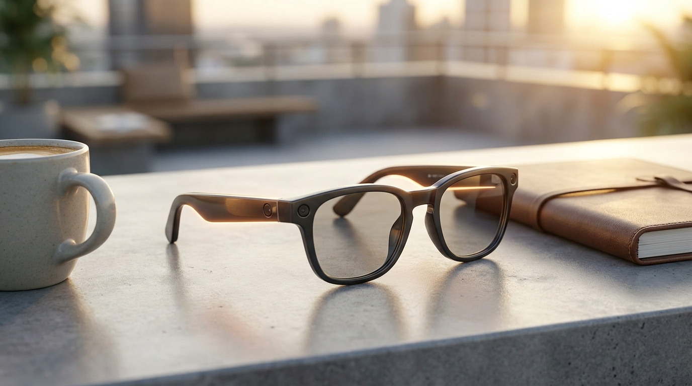Gros plan sur les lunettes connectées Ray-Ban Meta avec un discret voyant lumineux.