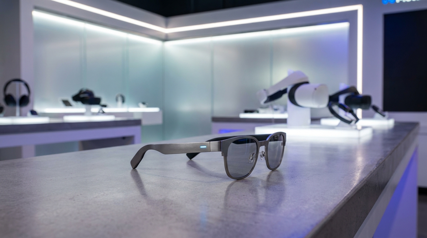 A Meta Lab display inside a Best Buy store, showcasing Quest headsets and smart glasses.