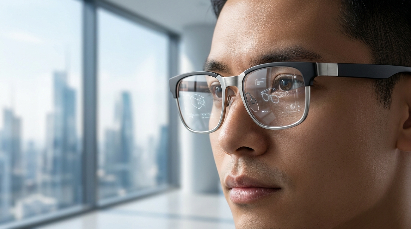 SnapのCEO Evan Spiegel氏が同社の新しいSpecsを着用し、前方を見ている。