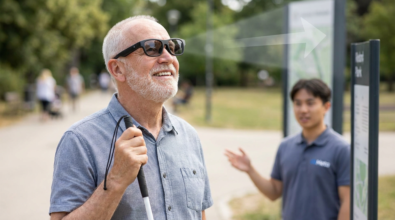 A pair of Ray-Ban Meta smart glasses sits on a surface, likely next to a veteran, symbolizing the donation program.