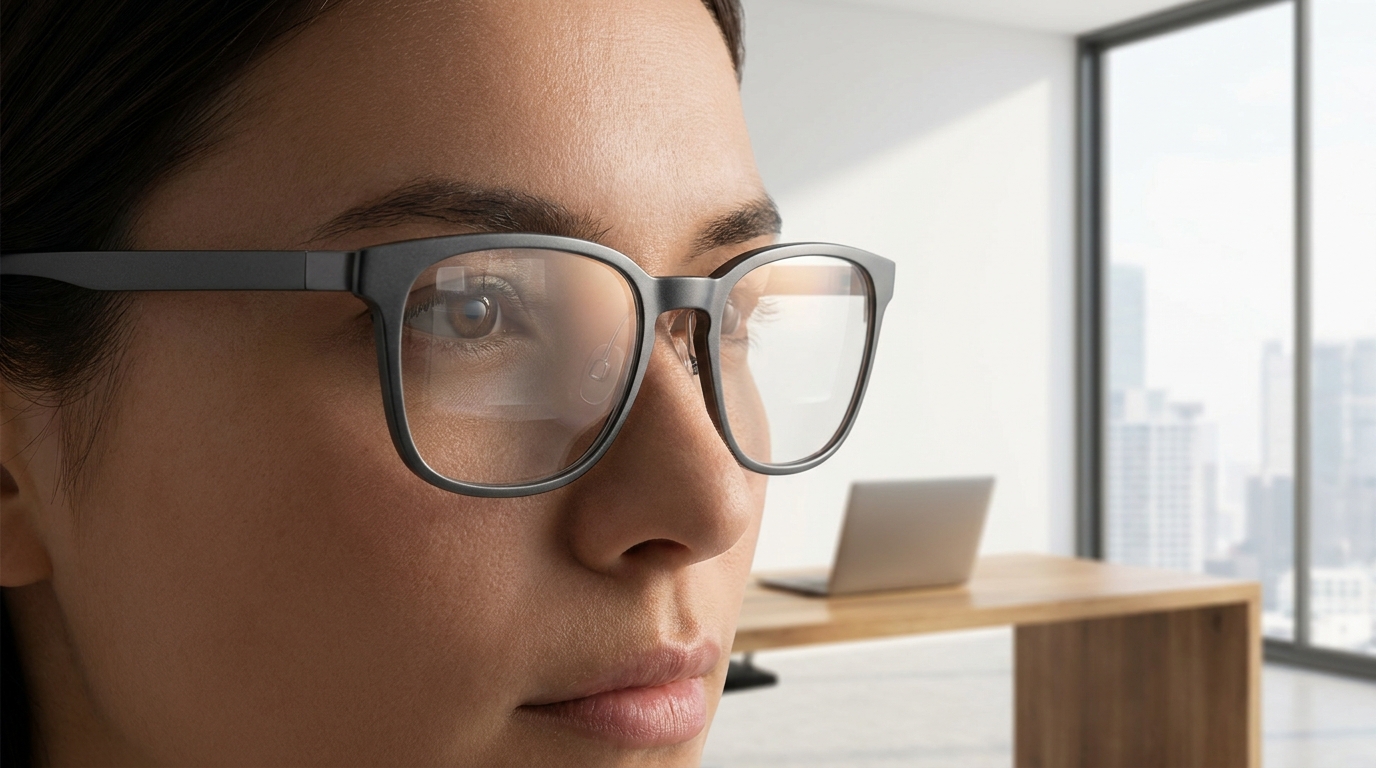 Gros plan des lunettes intelligentes X by XReal a01+, dotées d'une monture noire élégante et de verres miroirs bleus.