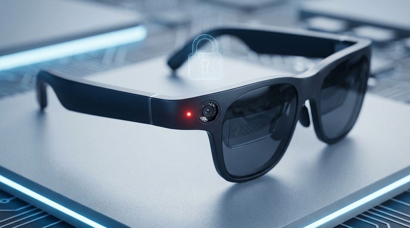 Lunettes connectées Meta Ray-Ban avec une LED d'enregistrement blanche bien visible illuminée sur la branche avant.