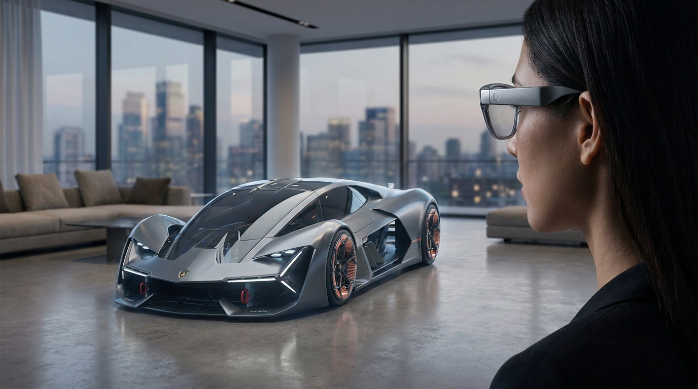 Vue intérieure d'une Lamborghini Urus SE virtuelle au sein de l'app Apple Vision Pro, montrant un tableau de bord et un volant détaillés.