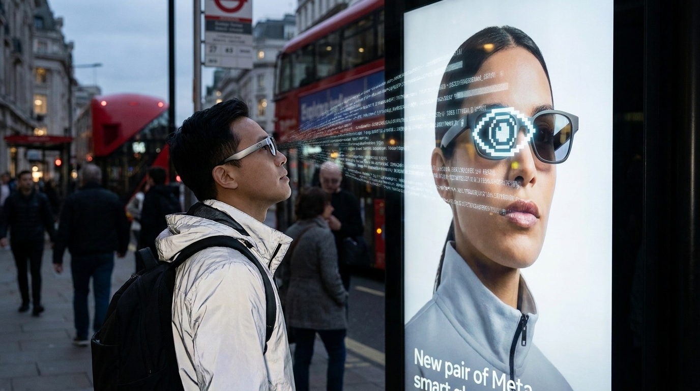 A doctored Meta smart glasses advertisement featuring Kylie Jenner, with a hidden message revealed by an optical illusion, displayed at a bus stop.