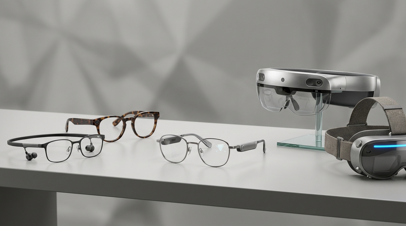 A pair of sleek smart glasses, potentially showing a holographic display or AI interface over the lenses.