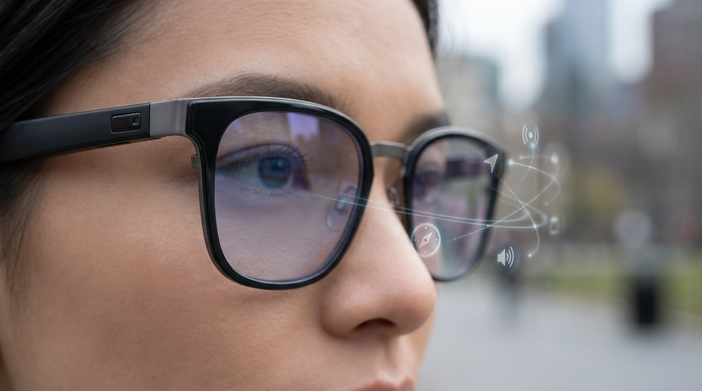 A person wearing sleek, modern smart glasses with subtle glowing UI elements overlaid, depicting a seamless AI interaction in a busy urban environment.