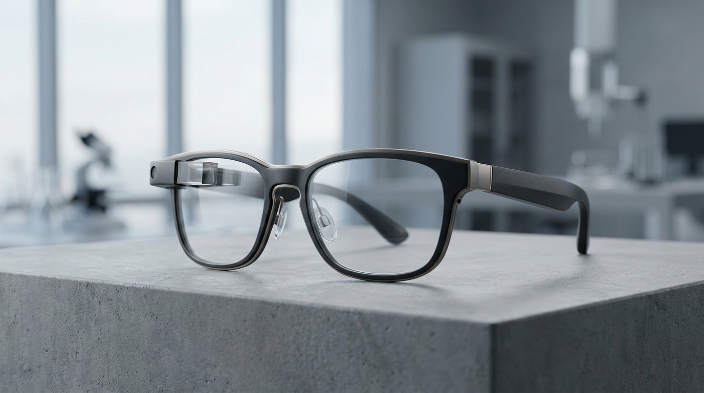 回路基板上のクアルコム製Snapdragon AR2 Gen 1チップのクローズアップ。背景には拡張現実グラスが配され、チップの意図された用途を象徴している。