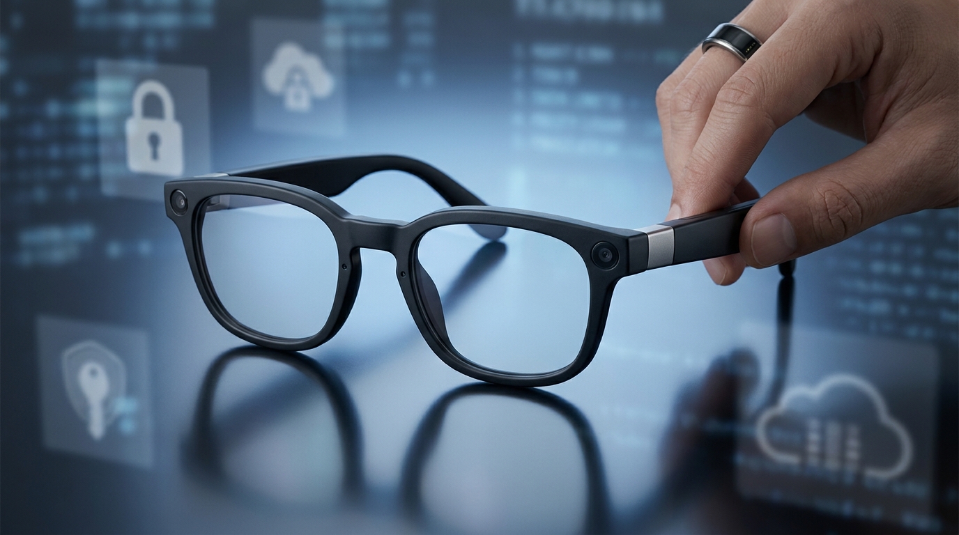 A close-up shot of Meta's smart glasses, showing a side view with an adventurer style frame.