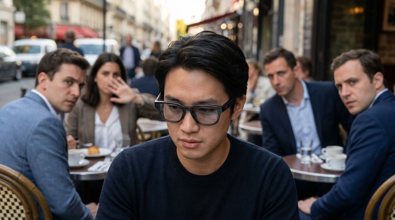 A person wearing Meta smart glasses looking discreetly at their surroundings, with a blurred background of a social gathering.