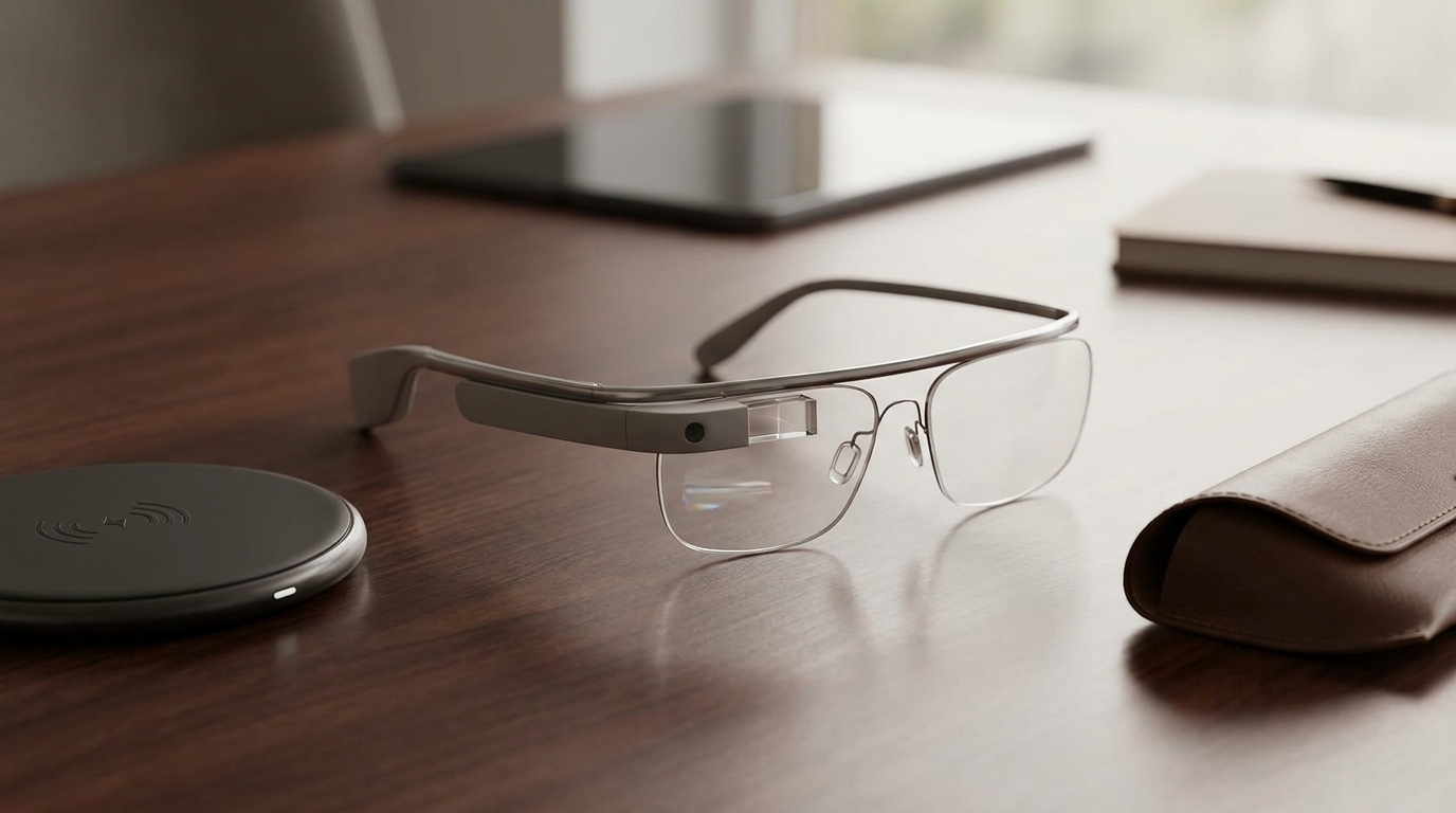 A close-up of sleek, futuristic smart glasses with subtle Samsung branding, potentially displaying an augmented reality interface.