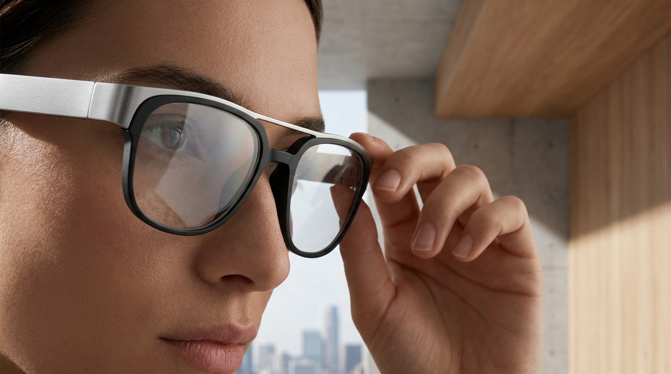 A pair of modern smart glasses with a camera lens visible.