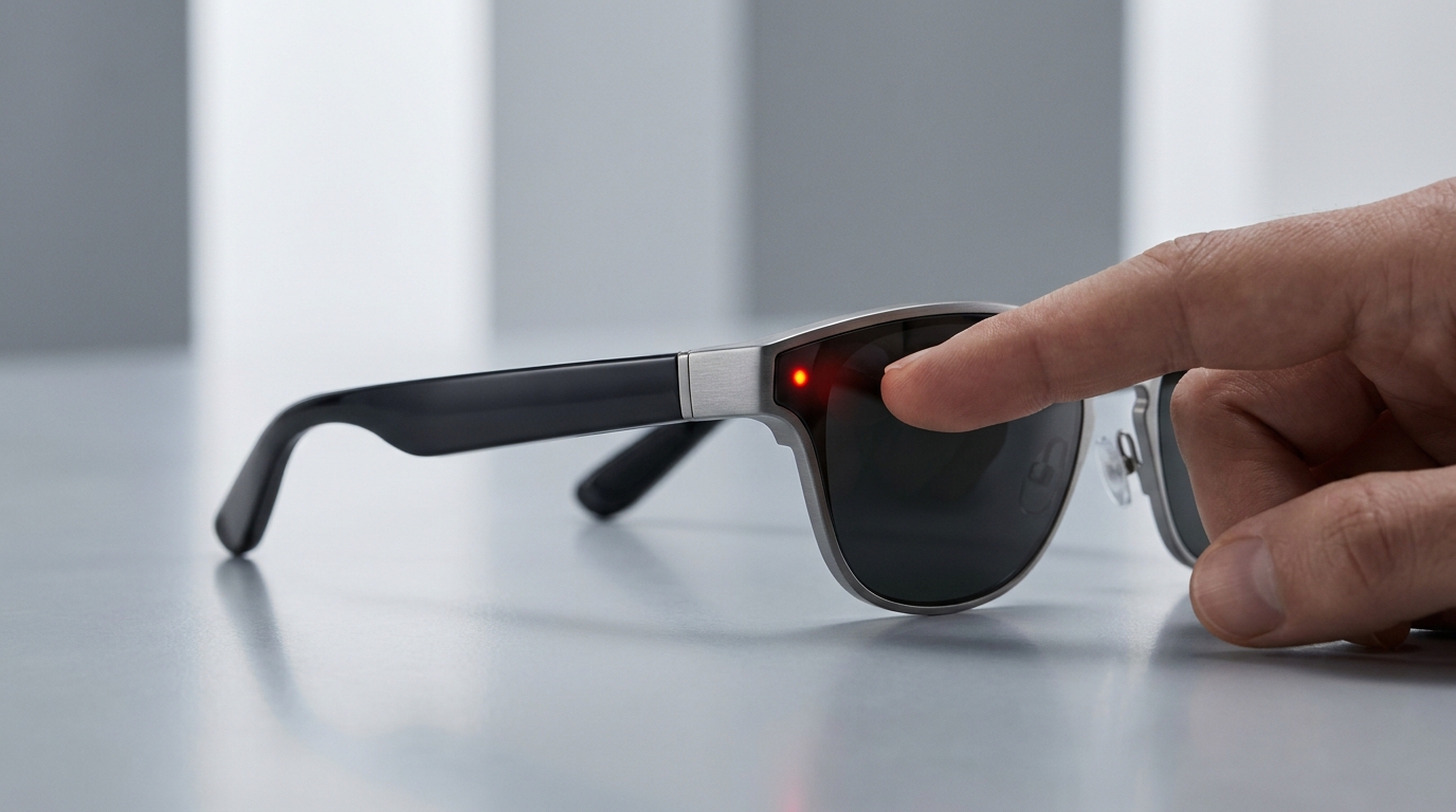 Un gros plan du bras d'une paire de lunettes connectées, montrant un petit voyant LED allumé.