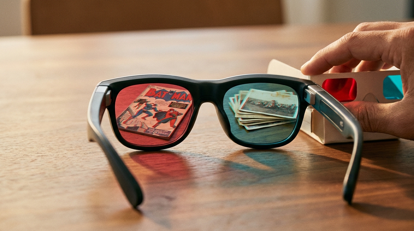 Retro3D logo, anaglyph glasses, and Quest headset superimposed over a stereoscopic view.