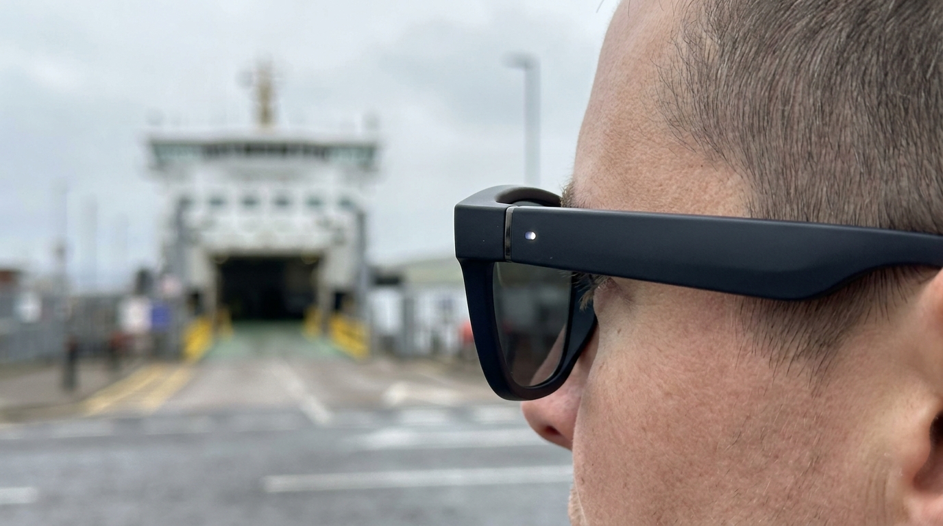Eine Person trägt diskrete Smart Glasses mit sichtbarer Kameralinse in einer öffentlichen Umgebung.
