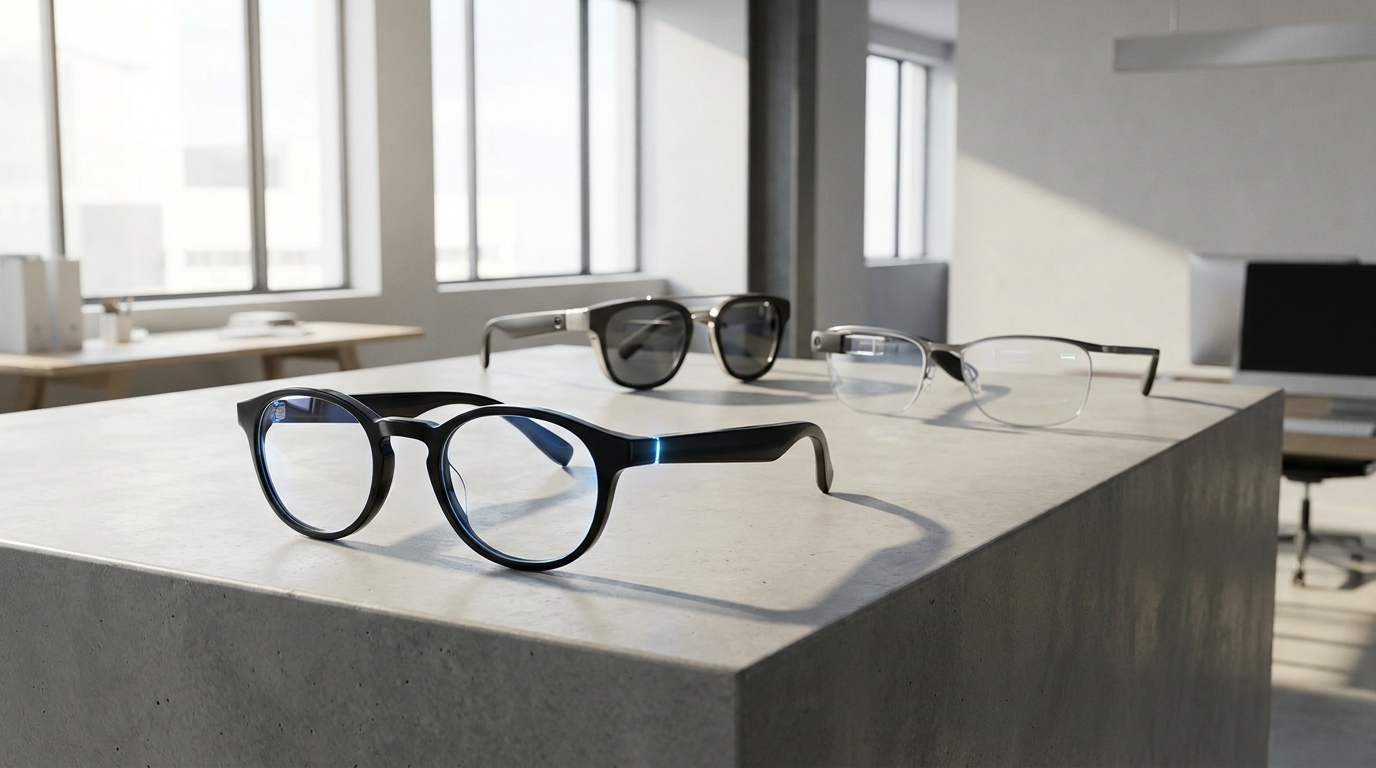 Zwei Paare von Smart Glasses, präsentiert vor einem blau-weißen Hintergrund und beschriftet mit 'getestet'.