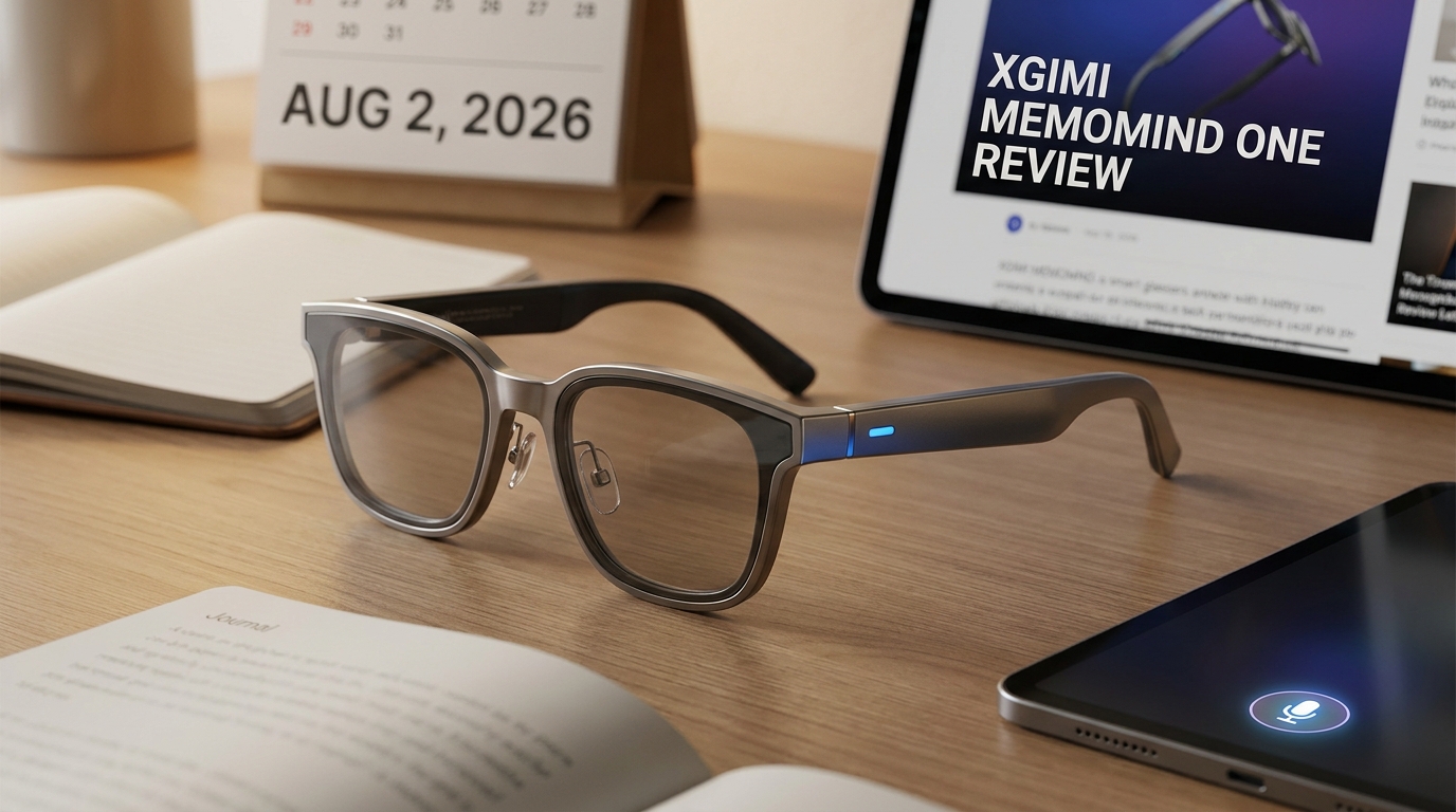 A pair of Xgimi MemoMind One smart glasses on display.