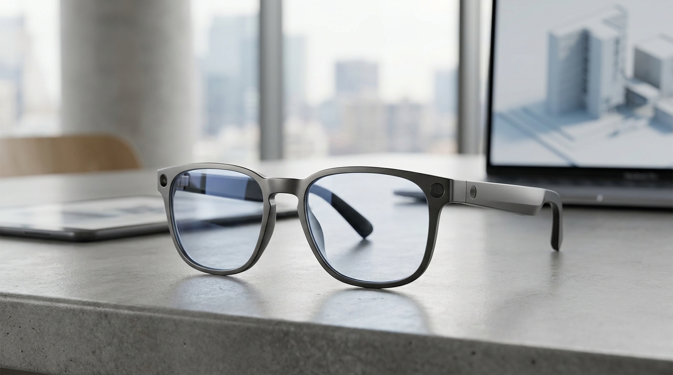 Sleek, dark Samsung Galaxy AI glasses with subtle camera lenses and a minimal frame.