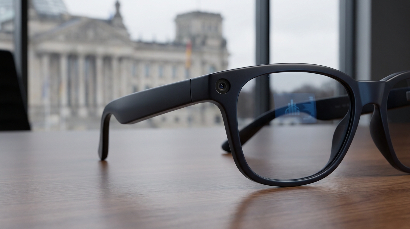 A pair of Meta Ray-Ban smart glasses with a subtle indicator light, against a backdrop suggesting European city architecture.