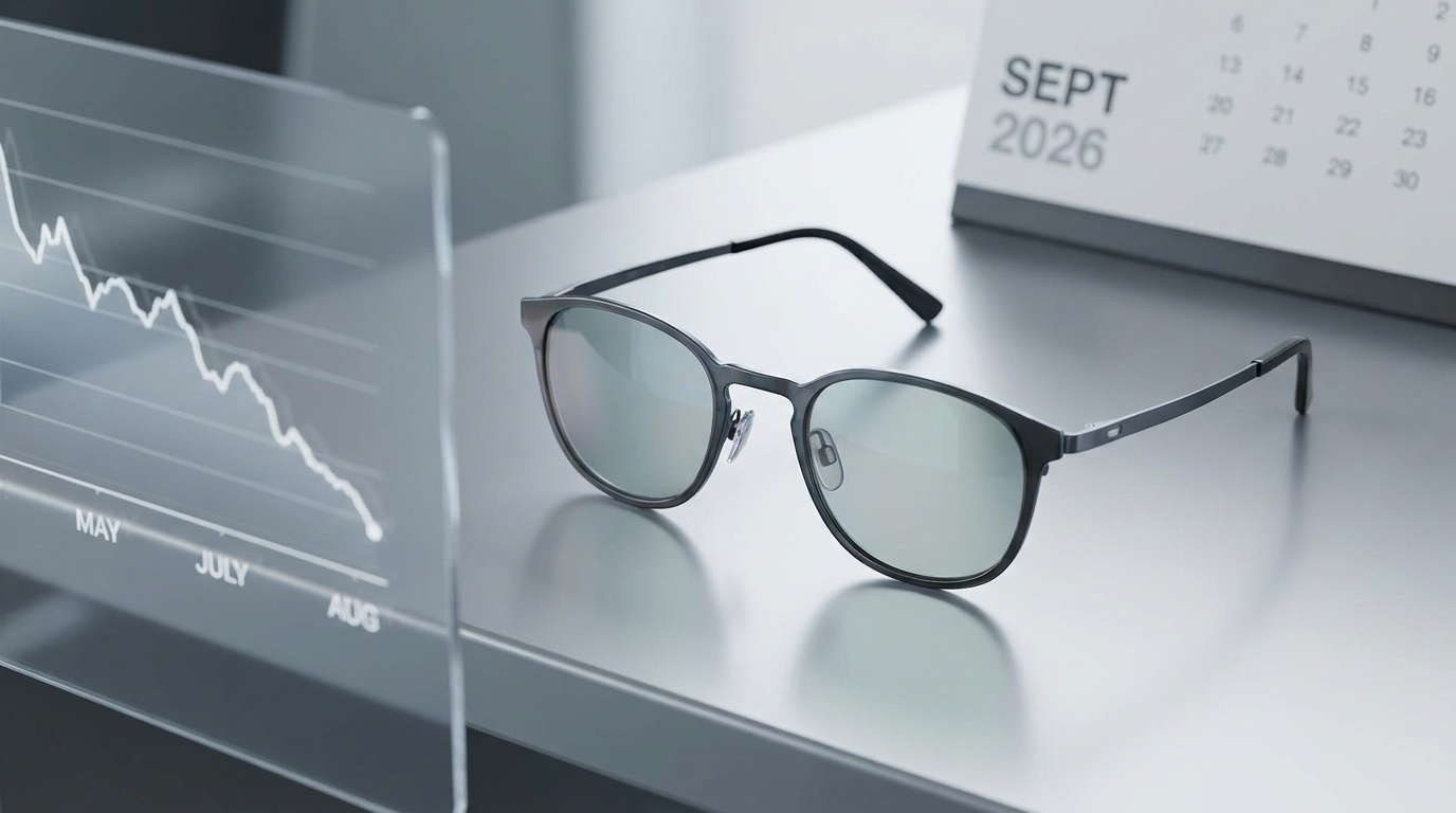 Un par de gafas inteligentes elegantes y modernas con una sutil lente de cámara y funciones de audio, mostradas sobre un gráfico que muestra las tendencias del mercado.