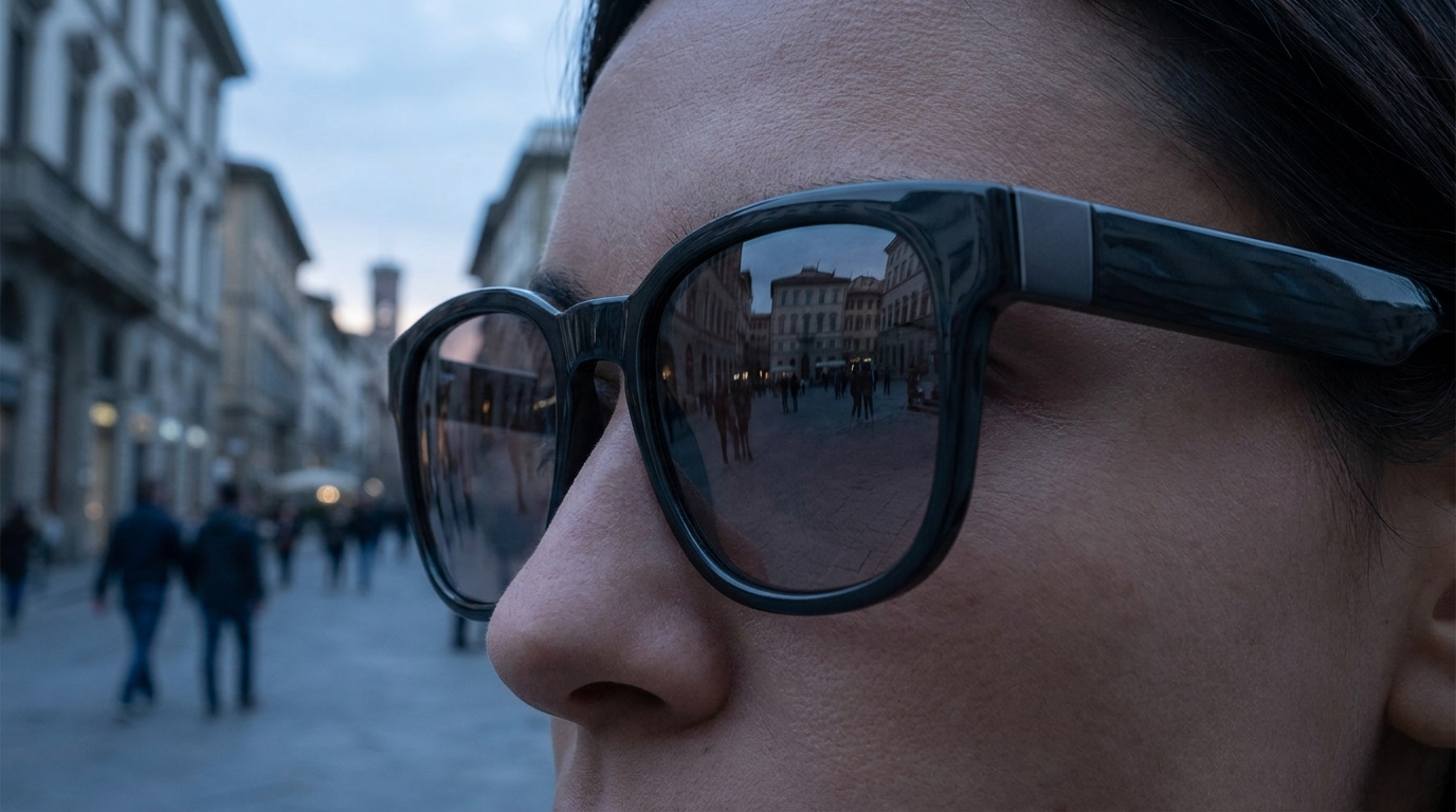 Eine Person mit Smart Glasses an einem öffentlichen Ort, möglicherweise einer Straße oder U-Bahn, mit anderen Personen im Hintergrund, was die Datenschutzbedenken im Zusammenhang mit öffentlichen Aufnahmen symbolisiert.
