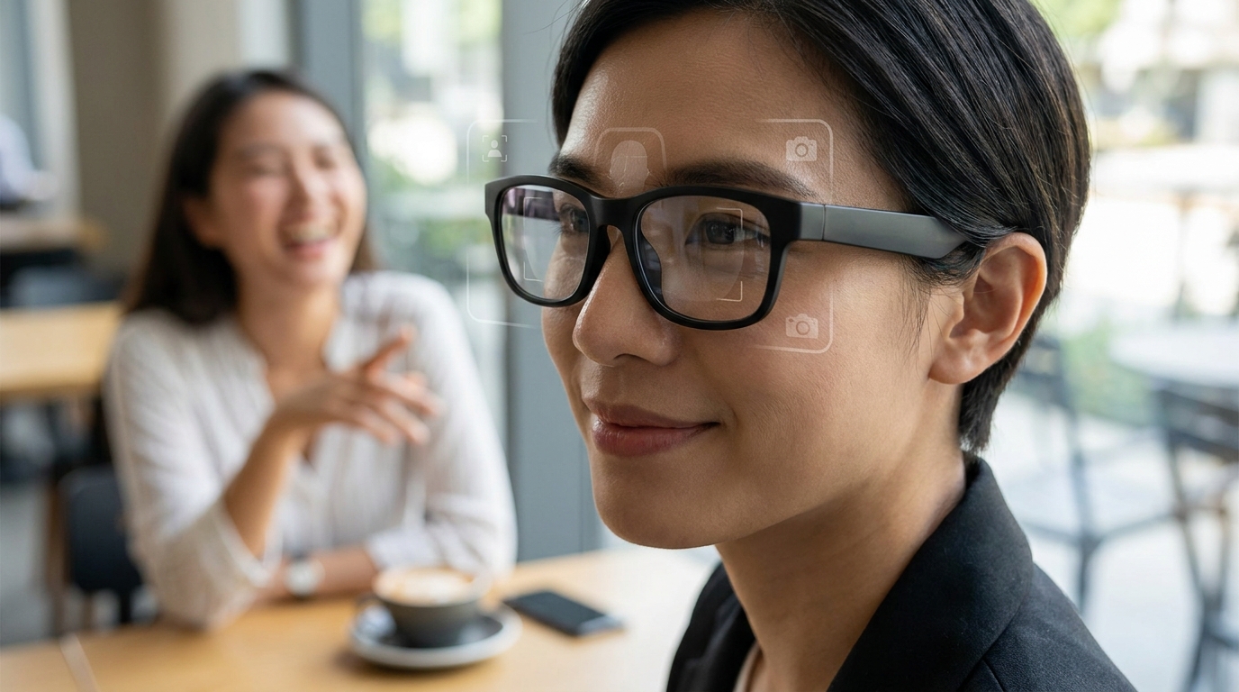 Ein konzeptionelles Bild von Smart Glasses, die Gesichtserkennungsdaten und Indikatoren für Emotionsanalyse auf den Gesichtern von Personen überlagern.