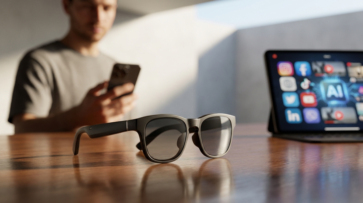Eine schwarze Ray-Ban Meta AI Smart-Brille liegt auf einer Oberfläche.