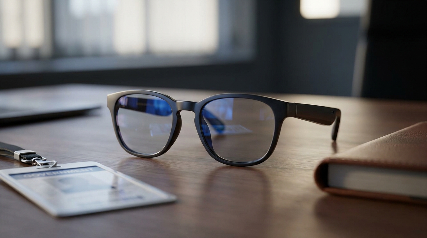 A pair of Meta Ray-Ban smart glasses with a red prohibition sign overlaid, indicating a ban in a government office setting.