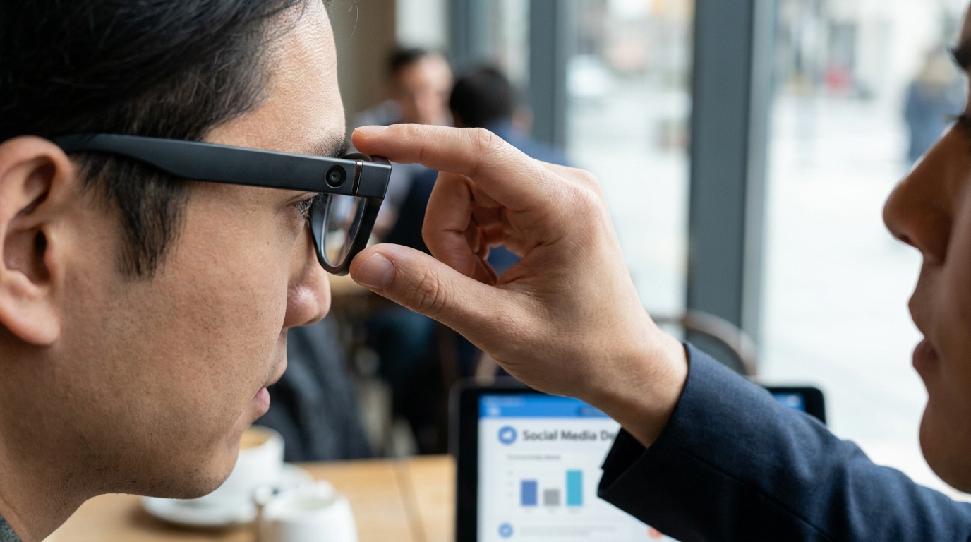 Eine Person mit Smart Glasses, mit einem subtilen Leuchten um die Kameralinse, die in einer öffentlichen Umgebung nach vorne blickt.