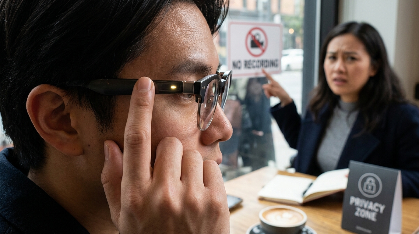Eine Person hält eine schwarze Meta Ray-Ban Smart-Brille, die Kameras zeigend.