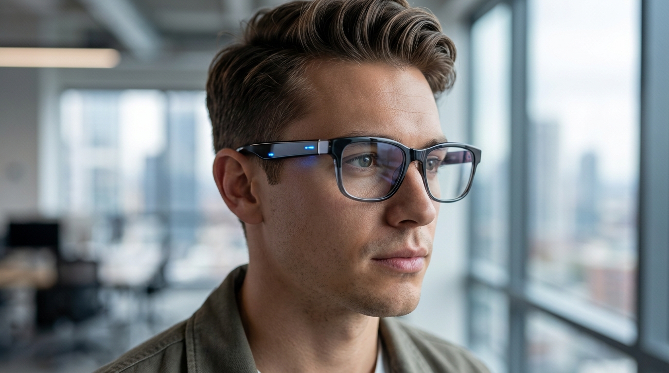 Close-up of Alibaba's new smart glasses on a dark background.
