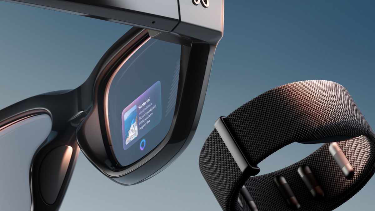 Eine Nahaufnahme von Ray-Ban Meta Smart Glasses mit einem subtilen digitalen Interface-Overlay, das vielleicht eine Werbung auf einem Bildschirm zeigt.