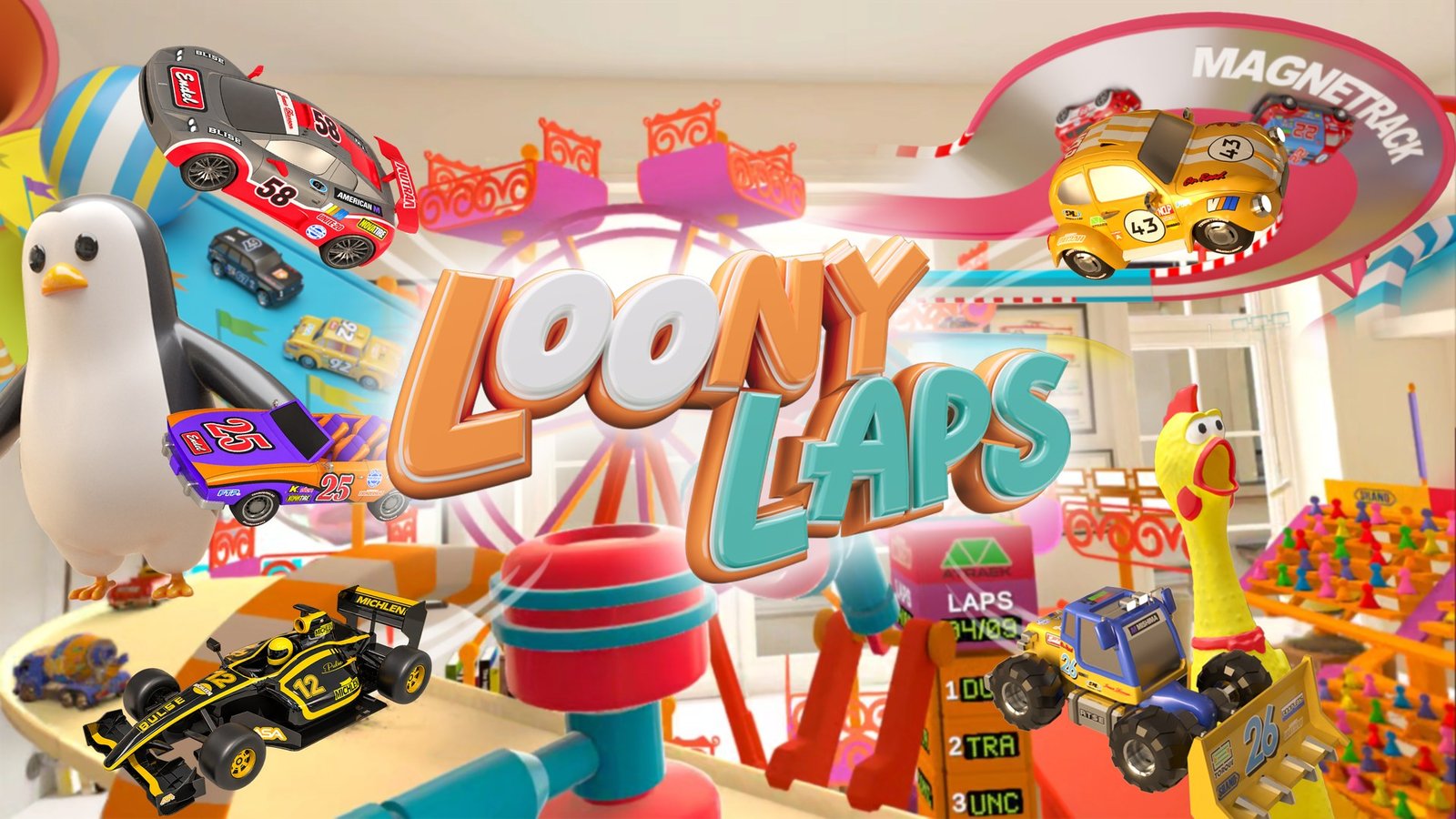 Screenshot from Loony Laps showing miniature die-cast cars racing on a colorful track with loops and jumps, set in a virtual room.
