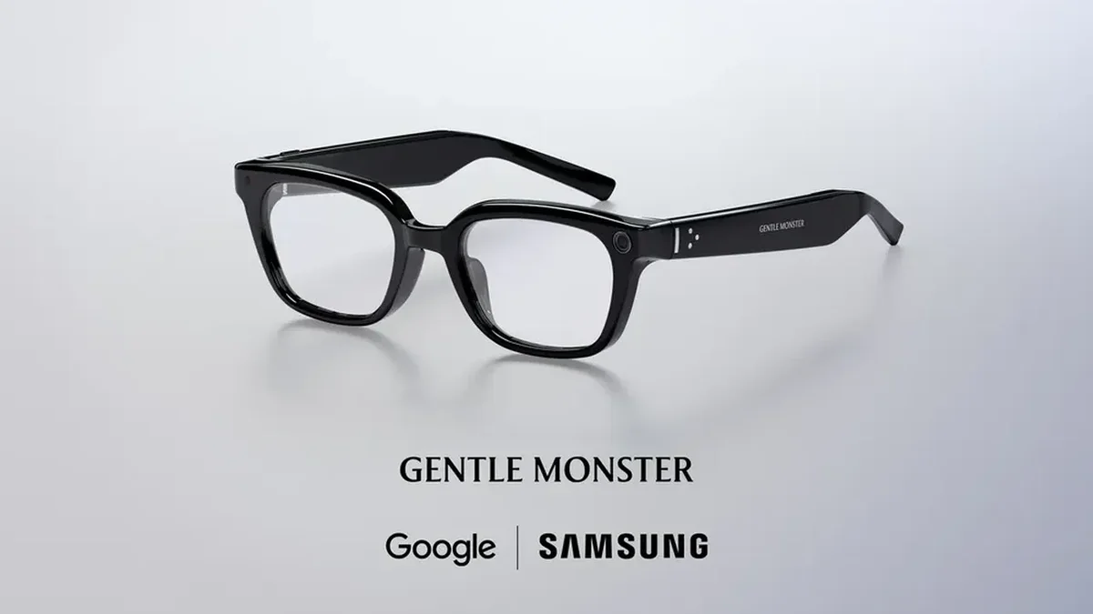 A close-up view of sleek, black Samsung smart glasses