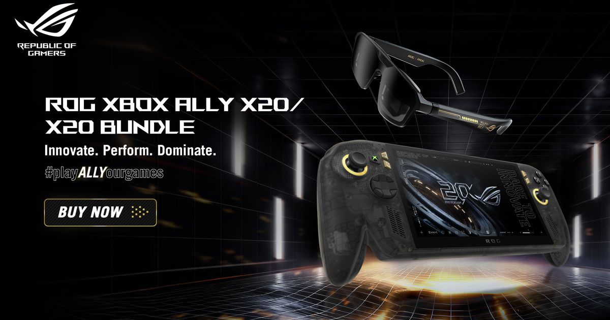 A translucent black handheld gaming device with gold internal accents and an OLED screen, shown alongside a pair of black AR glasses.