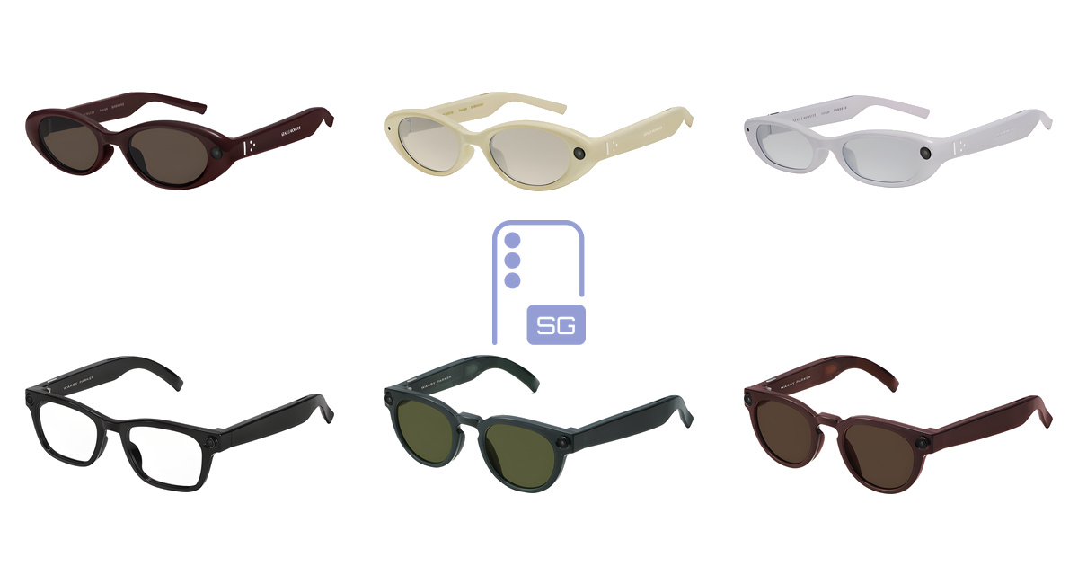 Lunettes intelligentes Samsung : Montures Gentle Monster en bordeaux, crème et lilas au-dessus de montures Warby Parker en noir, vert et marron.