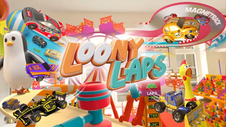 Ein bunter Spielzeugrennwagen rast auf einer aufwendigen Strecke mit Loopings und Rampen in einer virtuellen Umgebung.