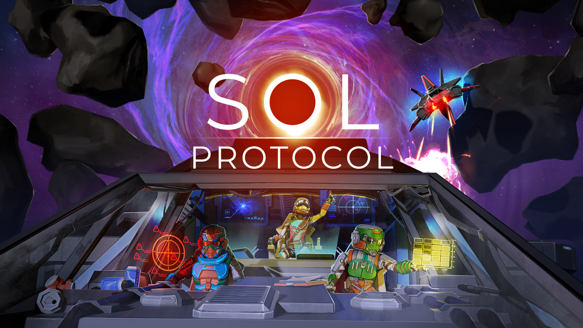 Screenshot of Sol Protocol game showing a spaceship cockpit with a pilot's view of an enemy vessel flying by.