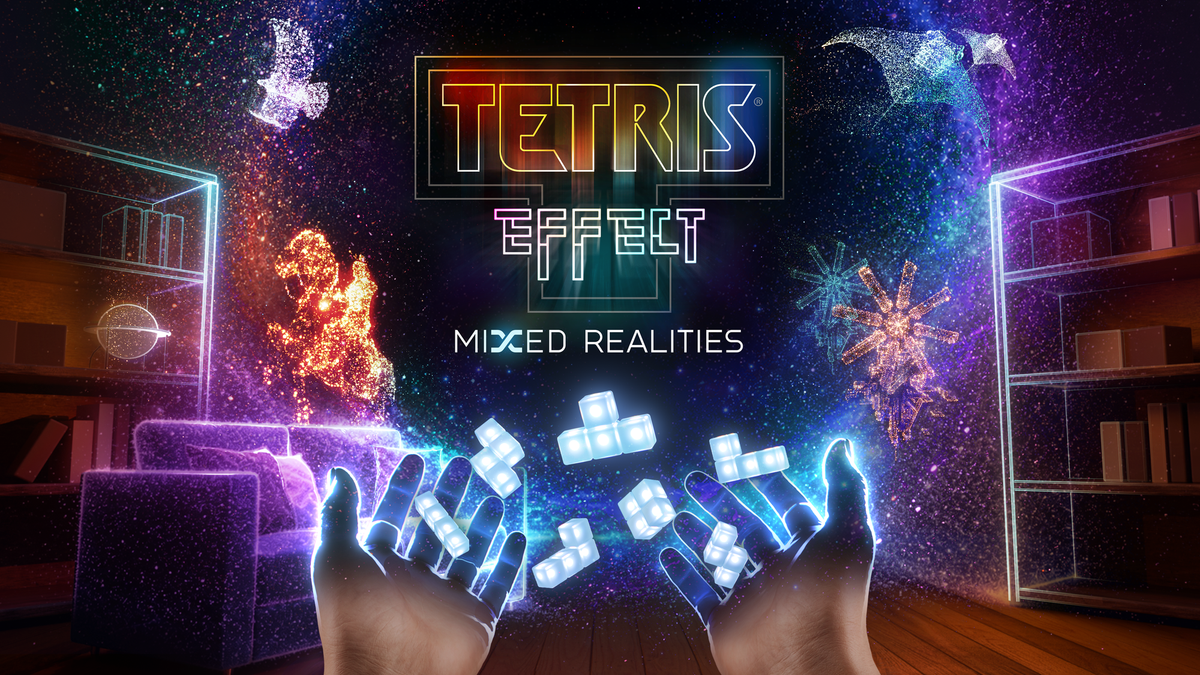 Key art for Tetris Effect: Mixed Realities, showing colorful geometric shapes and light effects over a stylized grid.