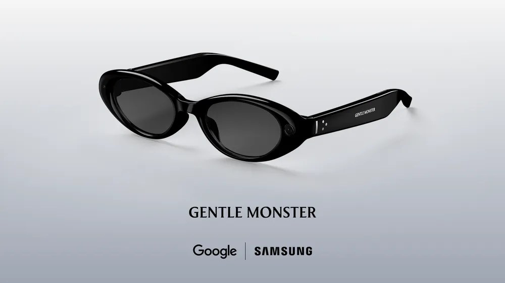 A person wearing sleek smart glasses, looking forward, with digital information overlaid in their field of vision.