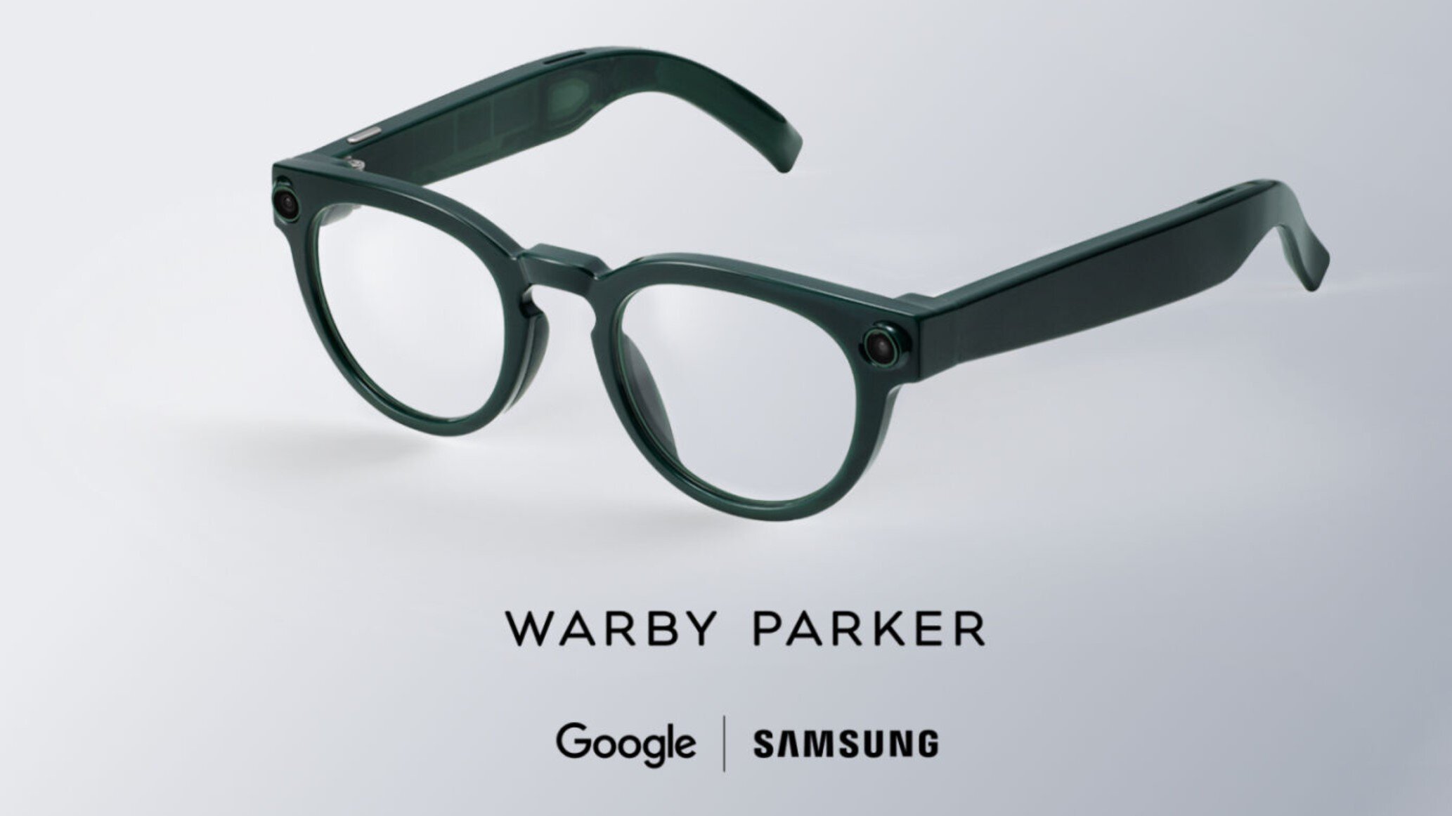 A person wearing sleek, modern smart glasses, representing Samsung's Android XR eyewear.