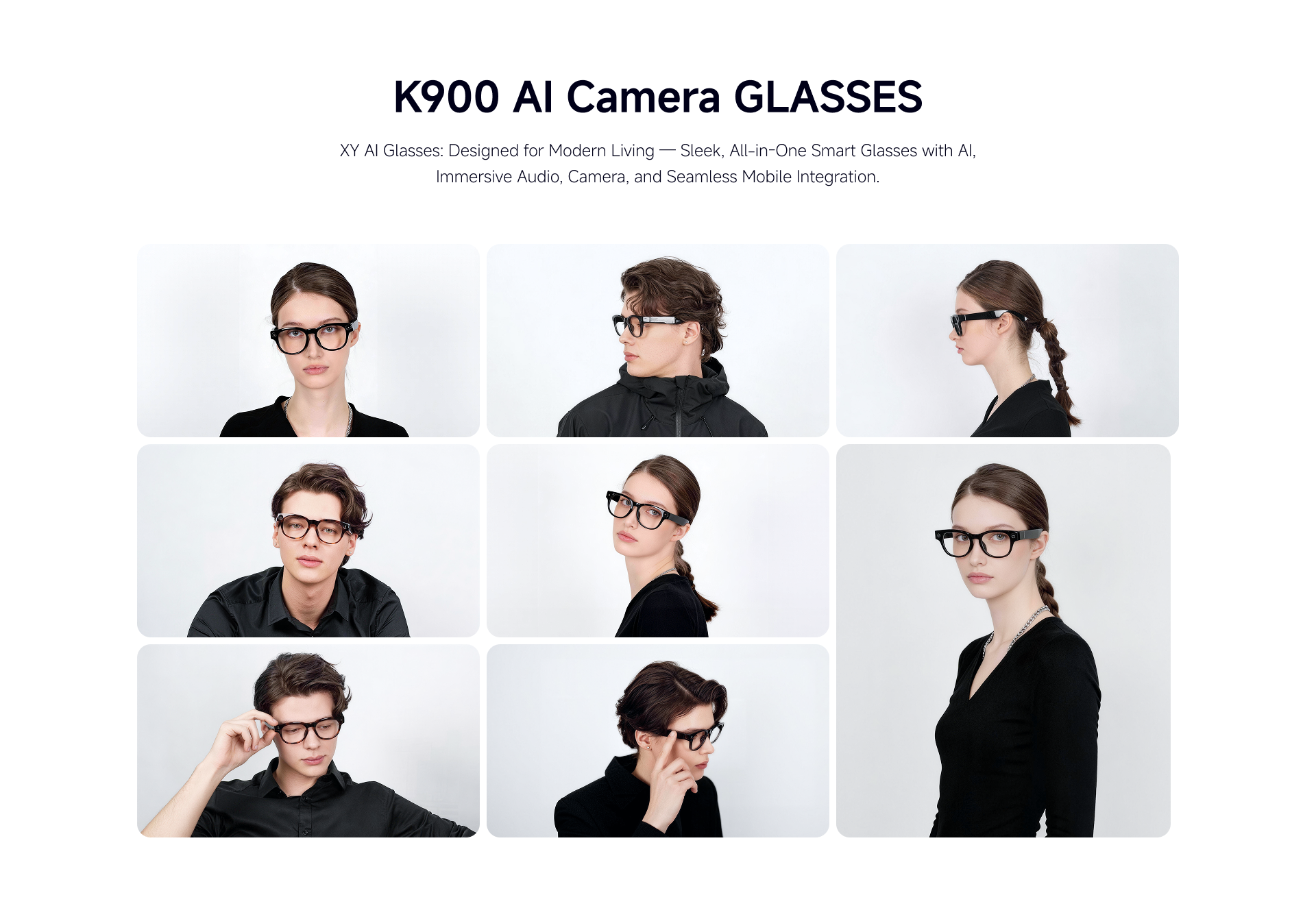 A pair of sleek, black SmartXY K900 smart glasses, shown from a slight angle, highlighting the camera module and open-ear speakers.
