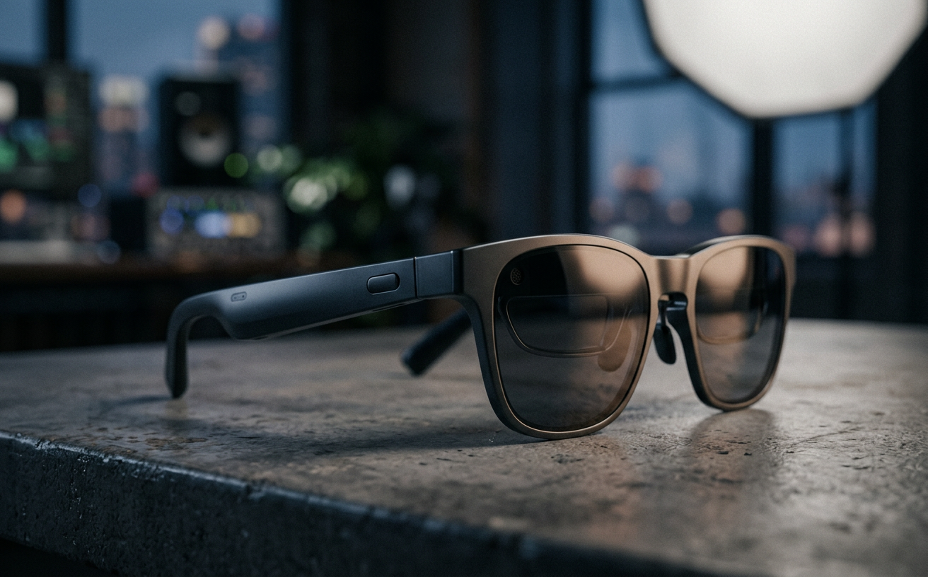 Close-up of stylish smart glasses displaying a subtle, translucent notification in the wearer's field of vision.