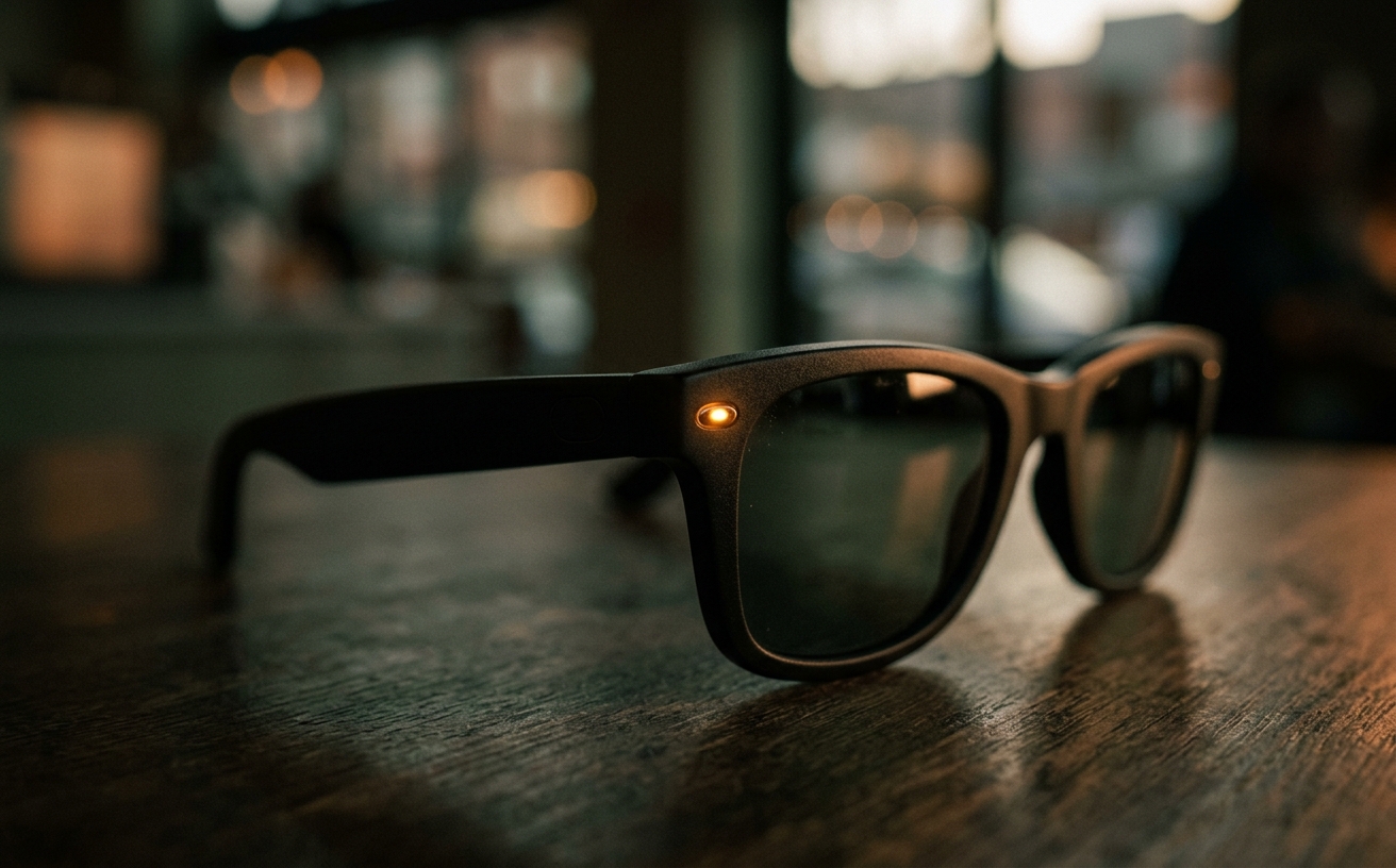 Close-up of a Ray-Ban Meta smart glasses lens, showing the small white capture LED light illuminated.