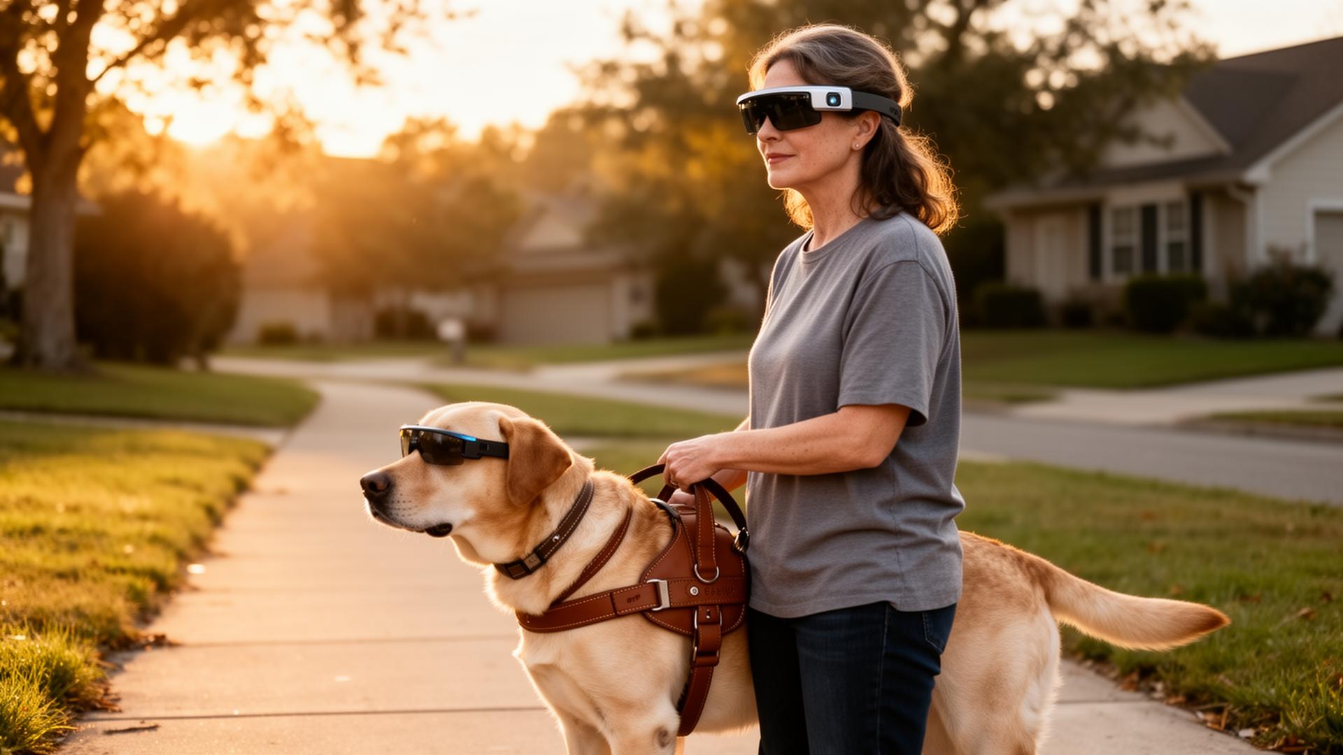 AIグラスを着用し、盲導犬を伴って屋外を移動する人物。