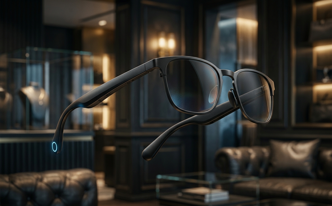 Eine Person trägt schlanke, moderne Smart Glasses in einem High-Fashion-Umfeld.